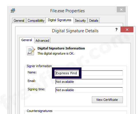 Screenshot of the Express Find certificate